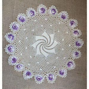 Vintage Large 13 inch Hand Crocheted Doily with Flowers